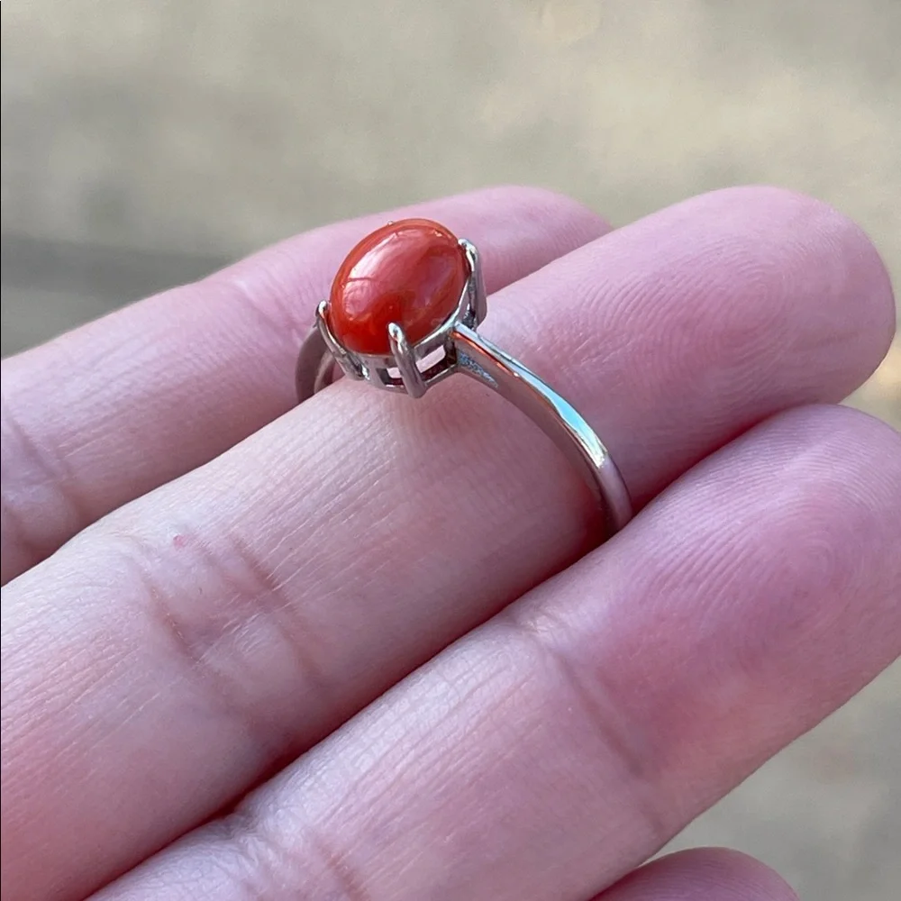 NWT Genuine Coral Stone 8X6mm Ring in 925 Sterling Silver Size 7